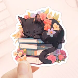 Black Cat Sleeping on Books Sticker