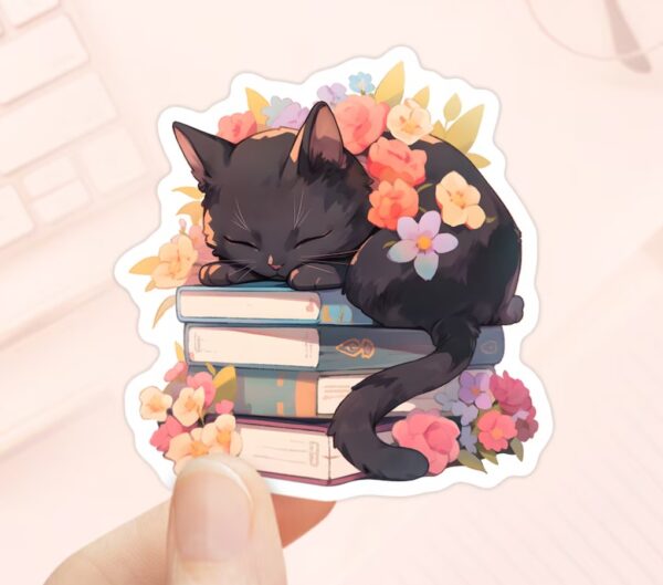 Black Cat Sleeping on Books Sticker