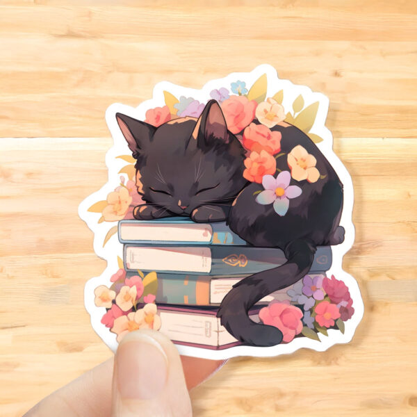 Black Cat Sleeping on Books Stickers