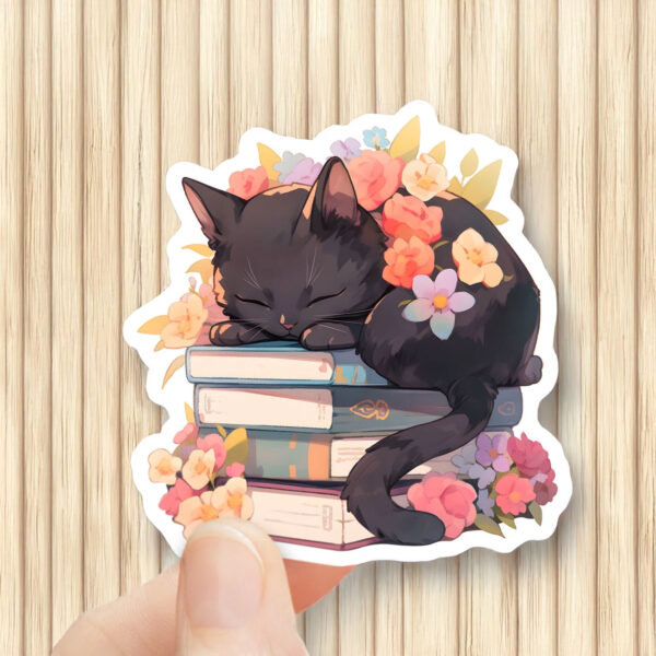 Black Cat Sleeping on Books Stickers