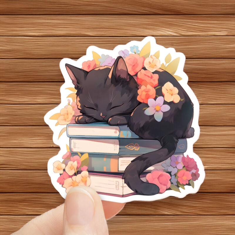 Black Cat Sleeping on Books Stickers