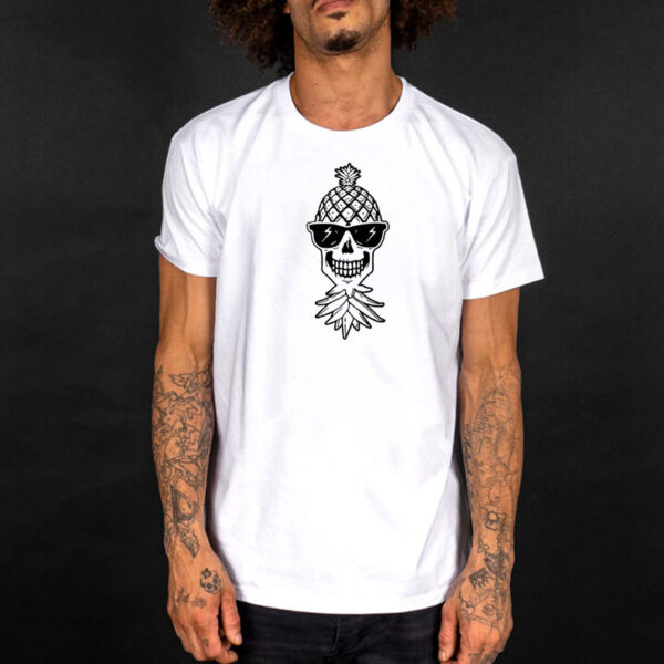 Upside Down Swinger Pineapple Skeleton Skull With Sunglasses T-Shirt